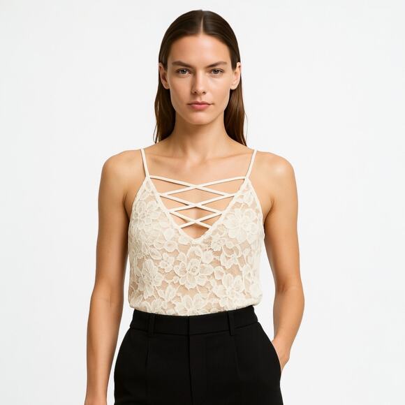 Express Cream Floral Lace Lined Sleeveless Crisscross Cami Camisole Tank Top M - Picture 1 of 5